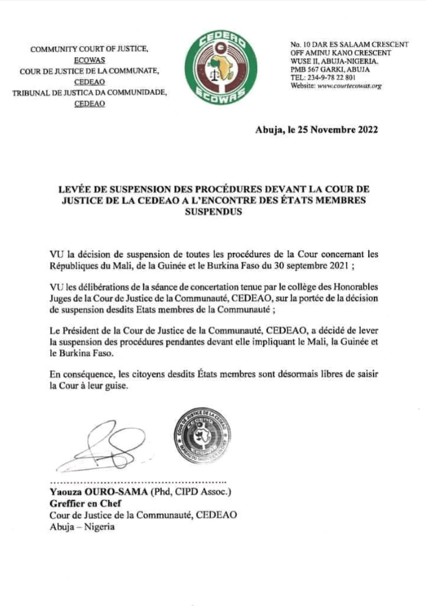 Mali - Guinée - Burkina : La Cour de justice de la Cedeao lève la suspension des procédures pendantes