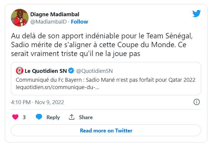 Coupe du monde : "Ce serait vraiment triste que Sadio Mané ne la joue pas", (Madiambal)