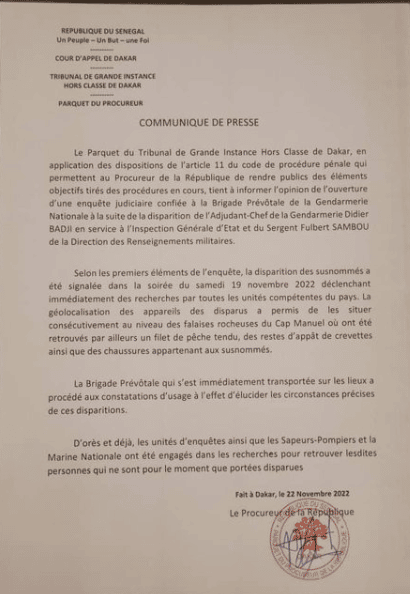 Urgent : Disparition mystérieuse de deux gendarmes en poste à l'IGE et à la DRM (Document)