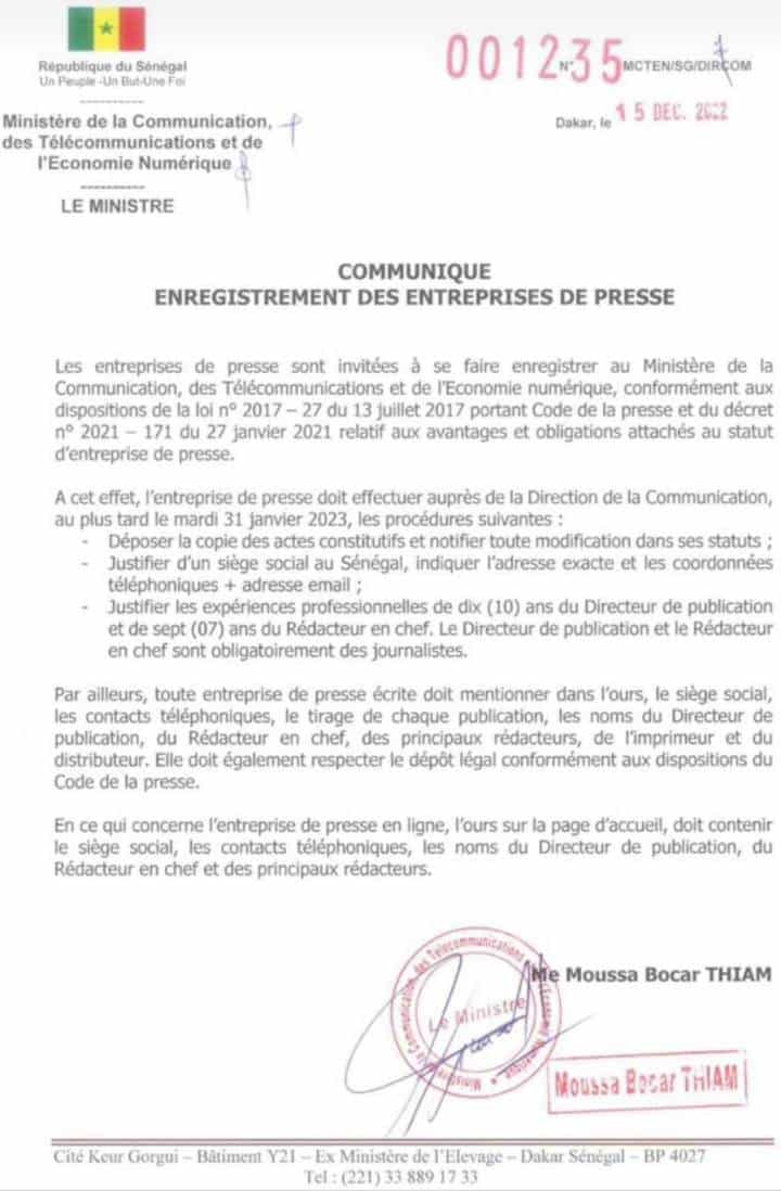 Médias : Les entreprises de presse invitées à se faire enregistrer (Document)
