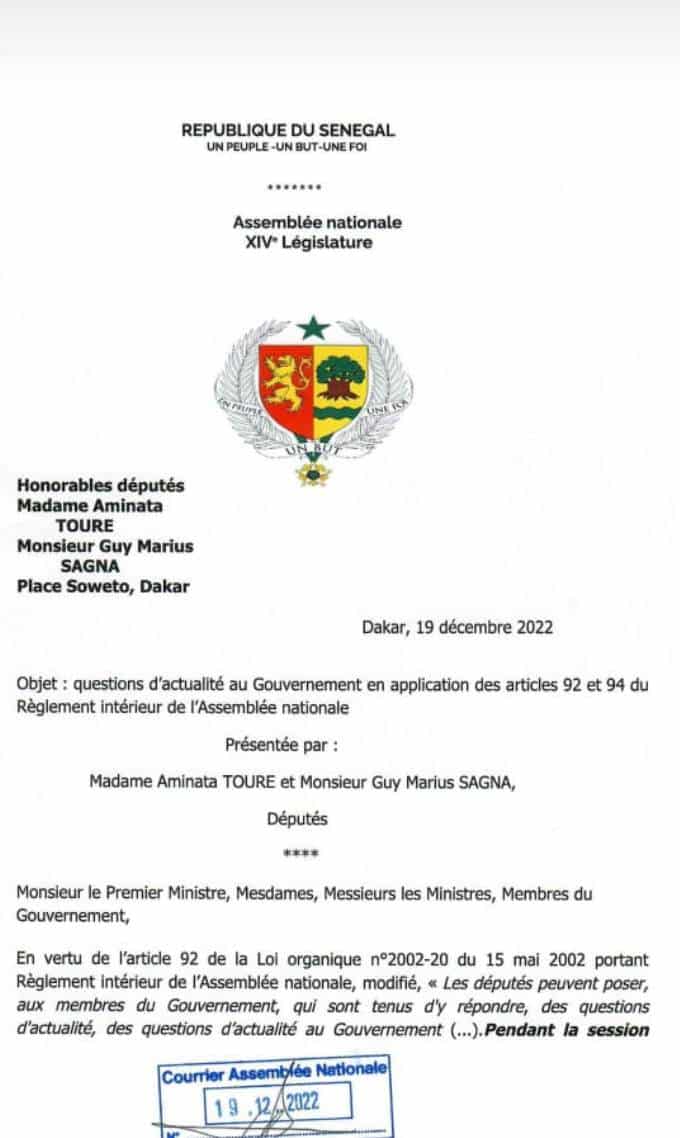 Rapport Cour des Comptes : Guy Marius et Mimi Touré déposent des questions d'actualité au gouvernement