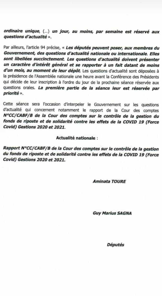 Rapport Cour des Comptes : Guy Marius et Mimi Touré déposent des questions d'actualité au gouvernement