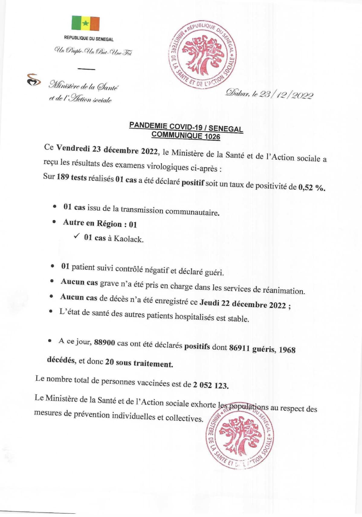 Covid-19 : 1 cas communautaire et 20 sous traitement