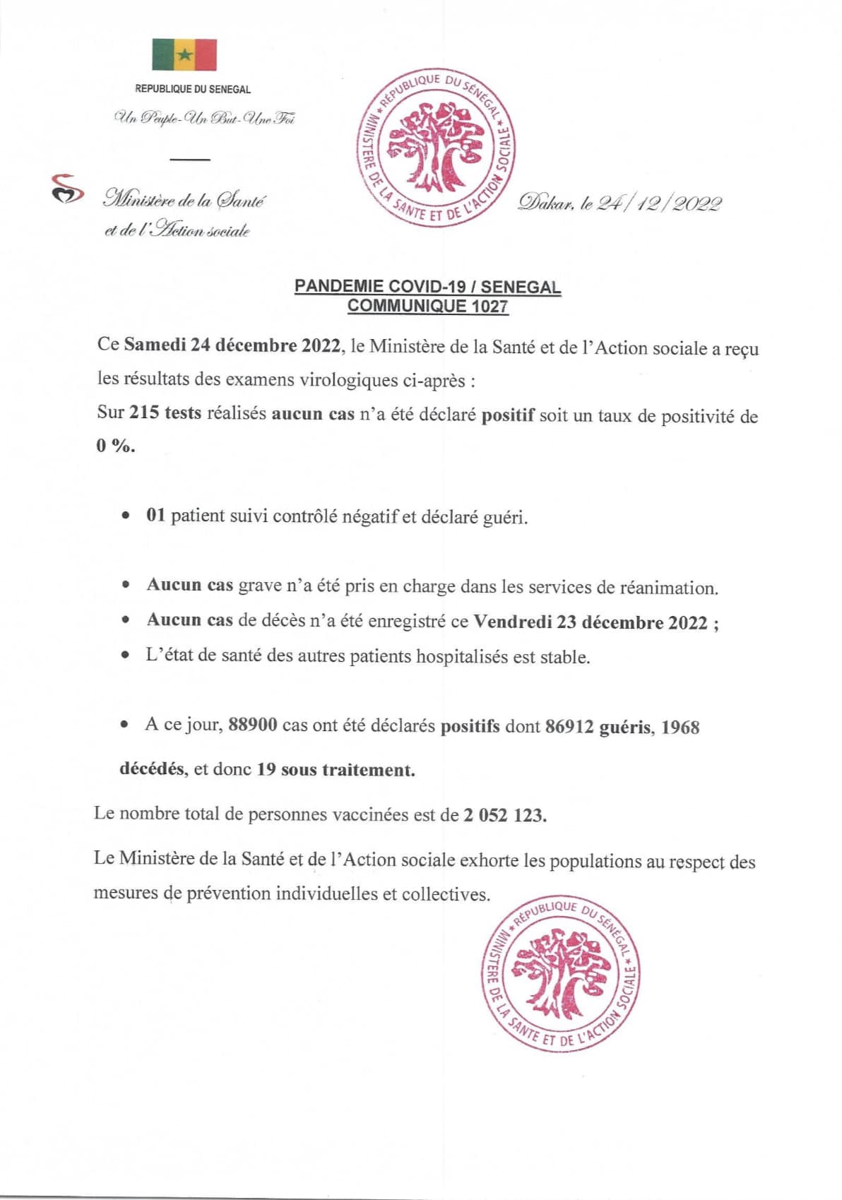 Covid-19 : Aucun cas positif, 1 guéri et 19 sous traitement