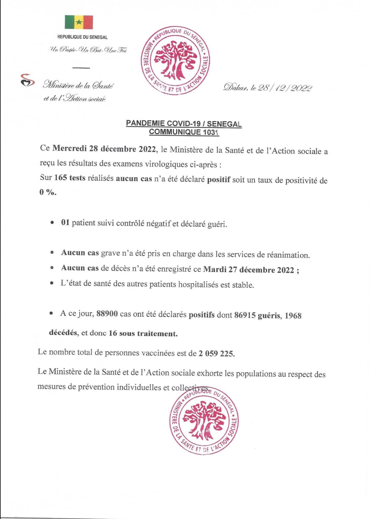 Covid-19 : Aucun cas positif, 1 guéri et 16 sous traitement