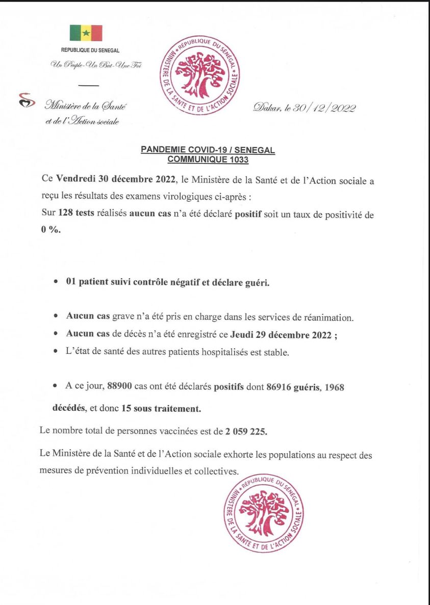 Covid-19 : Aucun cas positif, 1 guéri et 15 sous traitement