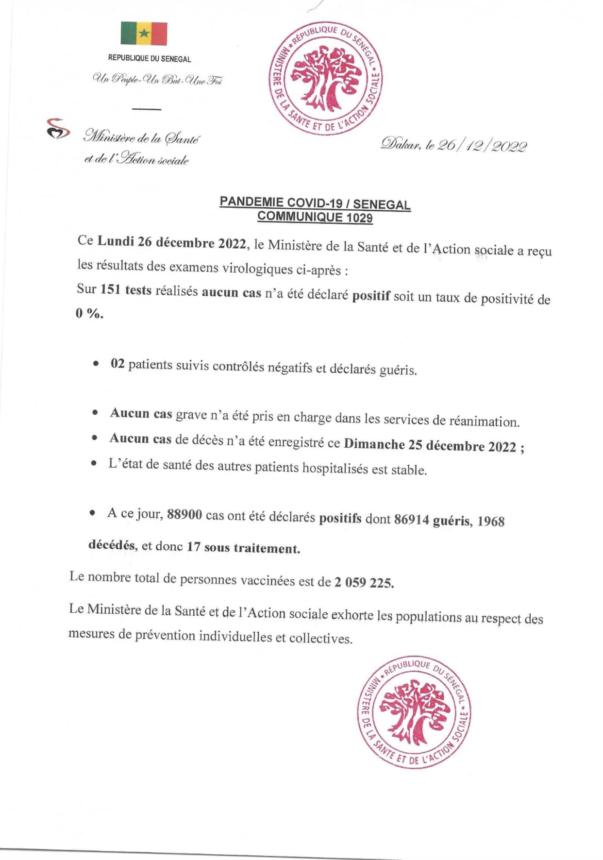 Covid-19 : Aucun cas positif, 2 guéris et 17 sous traitement