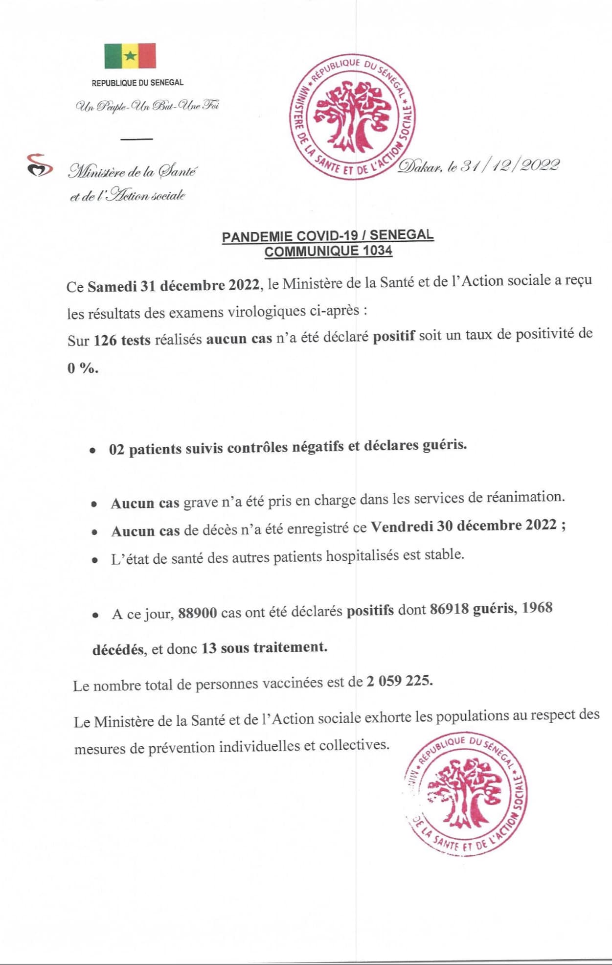Covid-19 : Aucun cas positif, 2 guéris et 13 sous traitement
