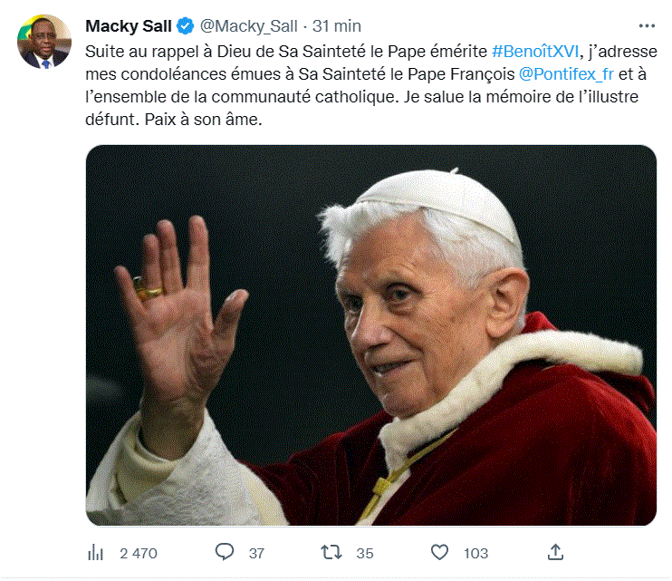 Décès du Pape émérite Benoît XVI : Les condoléances émues de Macky Sall au Pape François