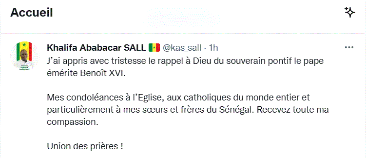 Décès du Pape émérite Benoît : Les condoléances attristées de Khalifa Sall