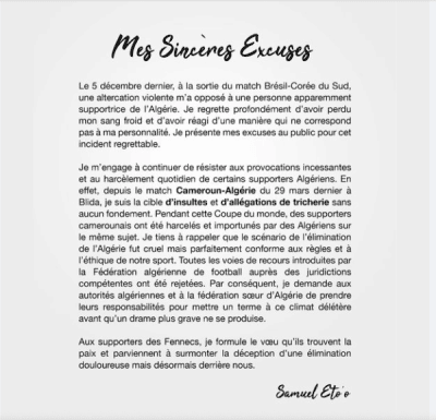Après son violent coup porté à un algérien : Samuel Éto'o présente ses excuses (Document)