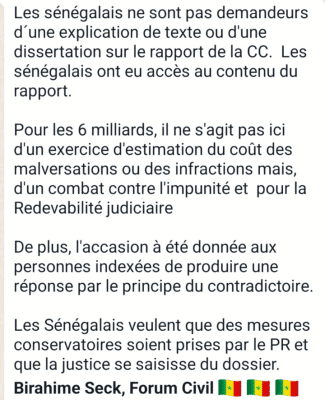 Rapport Cour des Comptes : Birahim Seck met la pression sur Macky Sall