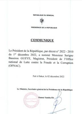 Serigne Bassirou Gueye nouveau président de l’OFNAC