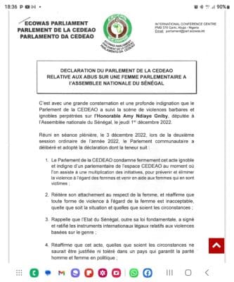 Violences à l’assemblée nationale : Le parlement de la CEDEAO réclame justice pour la député Amy Ndiaye