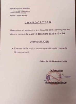 Les députés convoqués jeudi pour examiner la motion de censure déposée par l'opposition