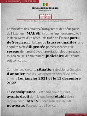 Le ministère des affaires étragères annule tous les passeports délivrés entre le 1er janvier 2021 et le 13 décembre 2022