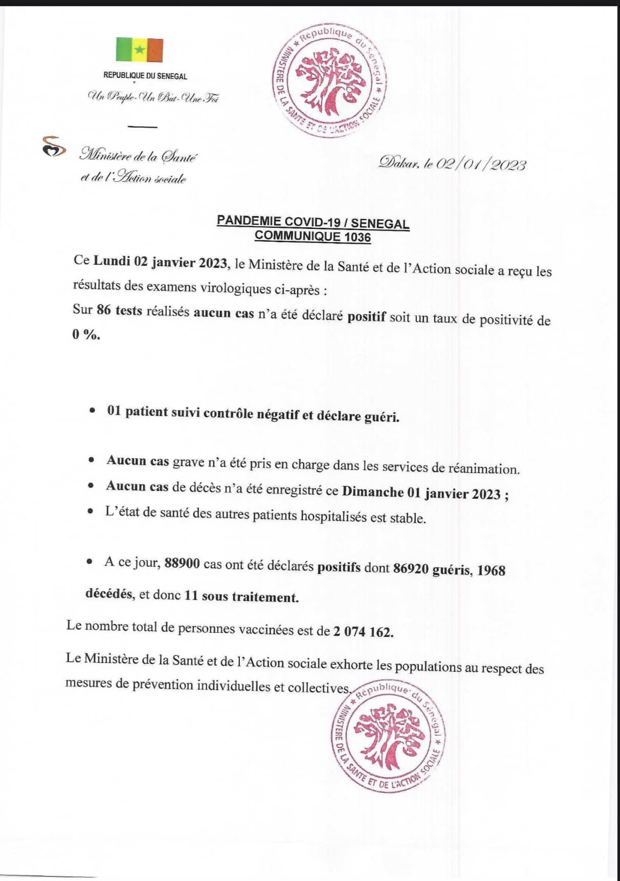 Covid-19 : Aucun cas positif, 1 guéri et 11 sous traitement