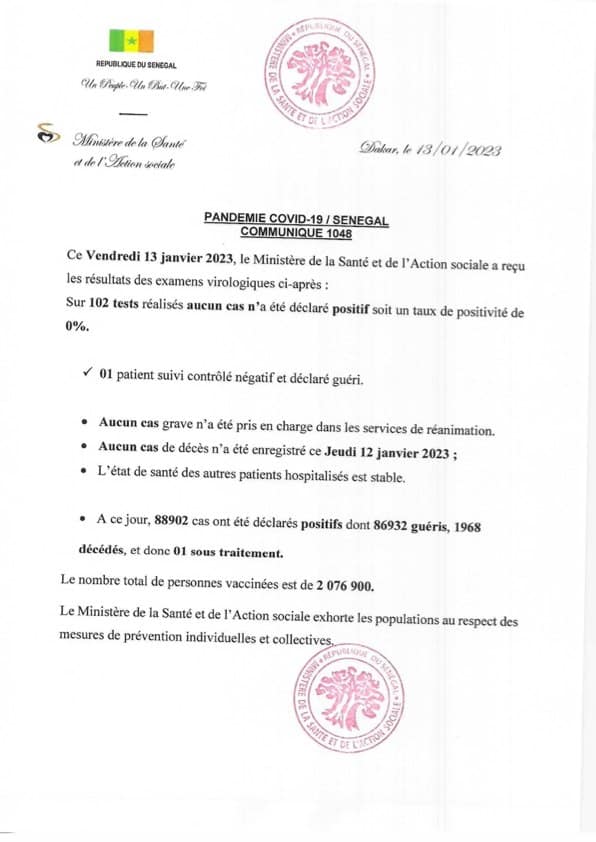 Covid-19 : Aucun cas positif, 1 guéri et 1 sous traitement
