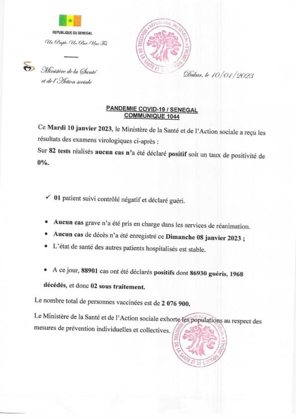 Covid-19 : Aucun cas positif, 1 guéri et 2 sous traitement