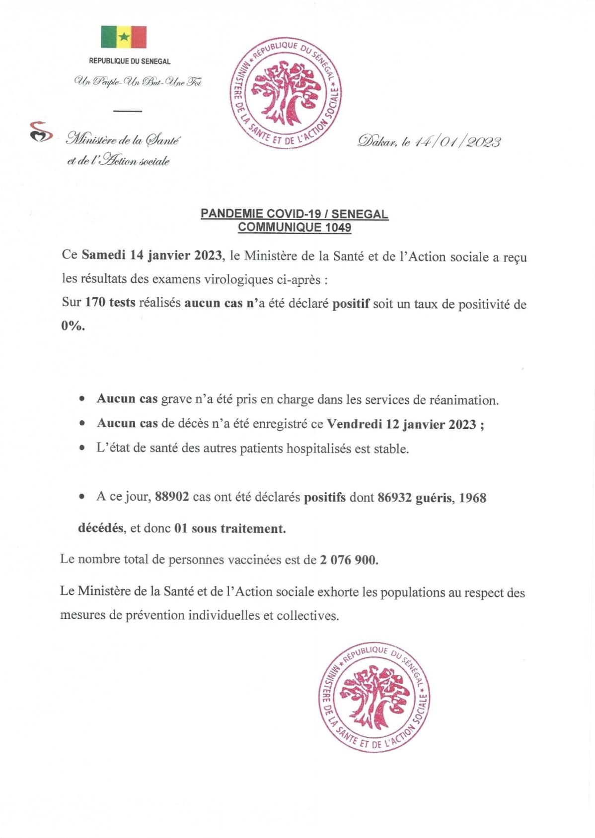 Covid-19 : Aucun nouveau cas et 1 sous traitement