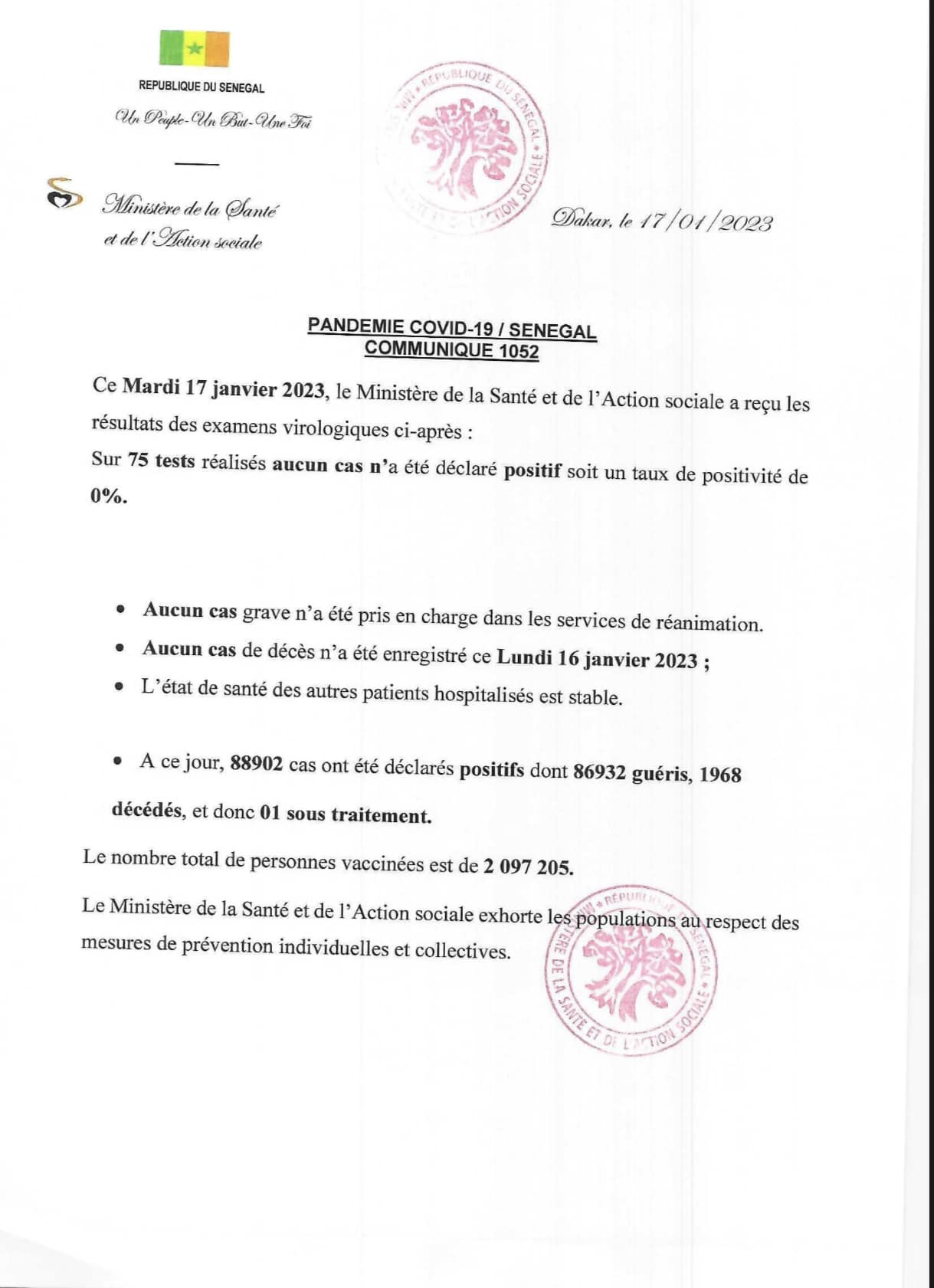 Covid-19 : Aucun cas positif et 1 sous traitement