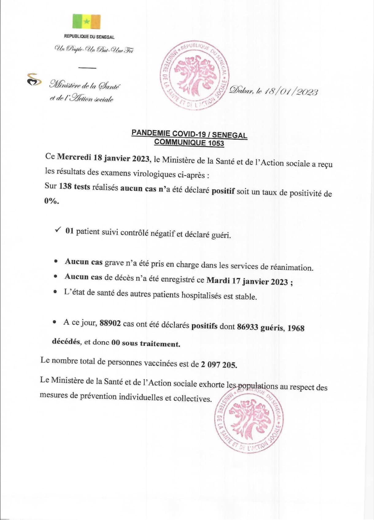 Covid-19 : Aucun cas sur l'étendue du territoire national !
