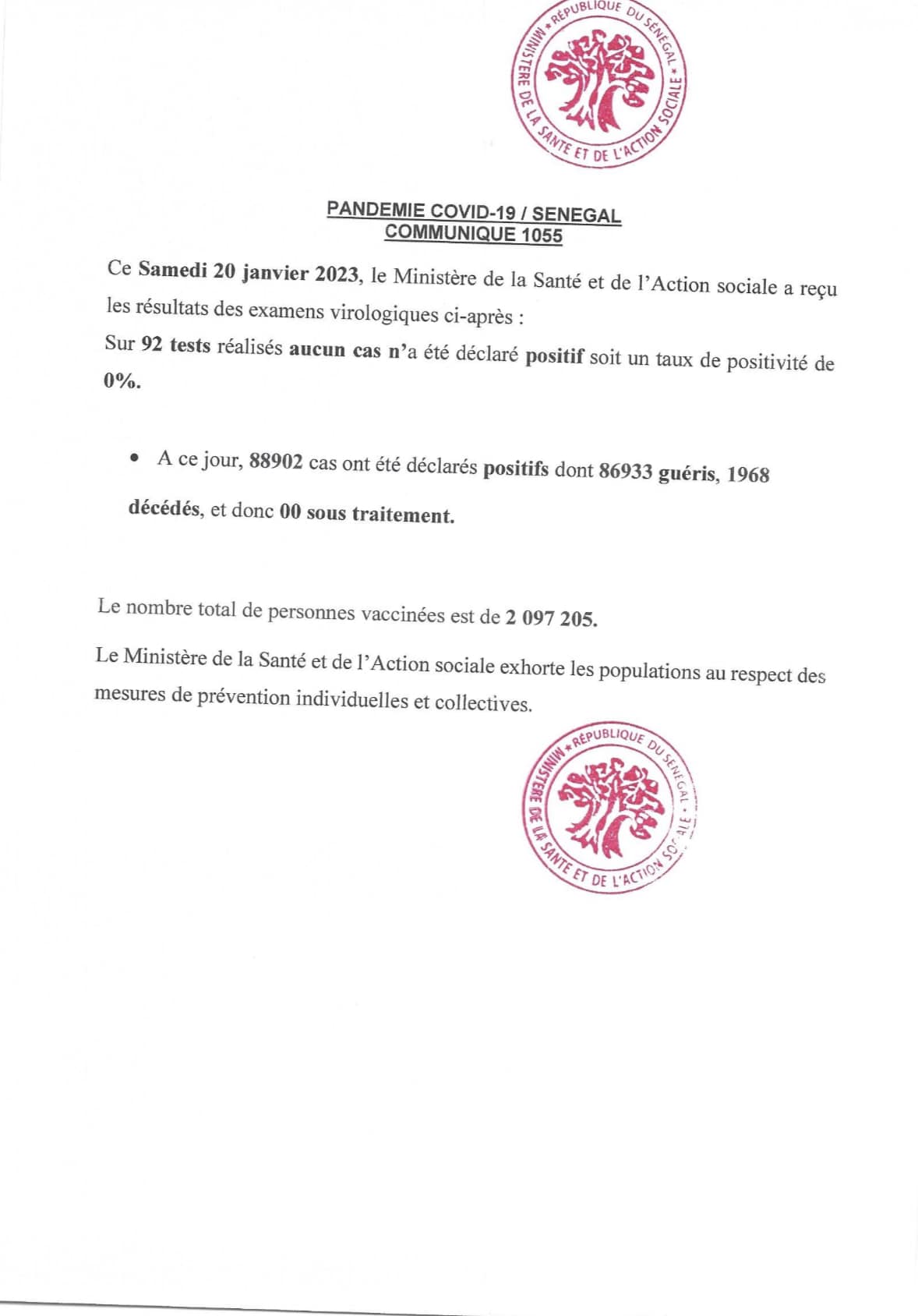 Covid-19 : Zéro cas au Sénégal ces dernières 96 heures