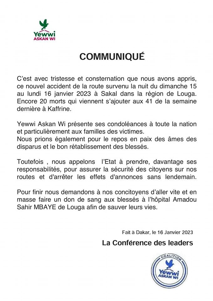 Accident à Sakal : Yewwi appelle l'Etat à prendre ses responsabilités et d'arrêter les effets d'annonces