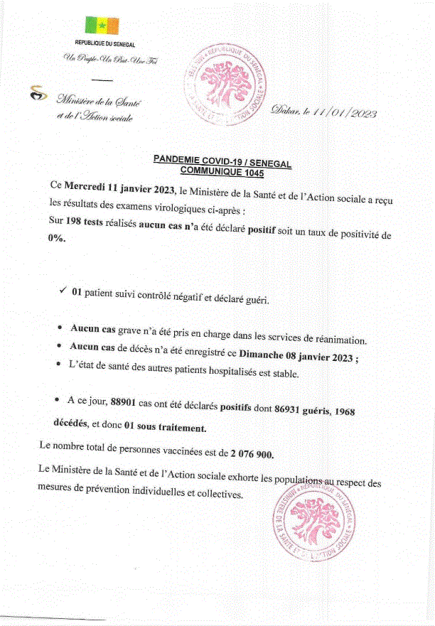 Covid-19 : Aucun cas positif, 1 guéri et 1 sous traitement