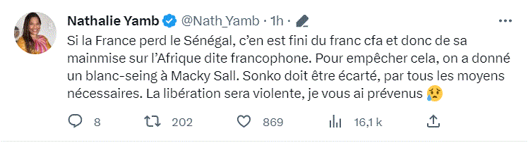 Nathalie Yamb : La France a donné "un blanc-seing à Macky Sall, Sonko doit être écarté..."