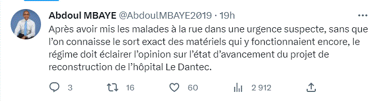 Reconstruction HPD : Abdoul Mbaye interpelle le régime sur l’état d’avancement du projet