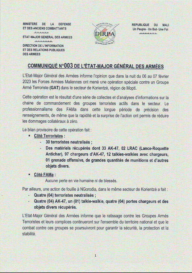Mali : 34 terroristes neutralisée par les Forces Armées (Document)