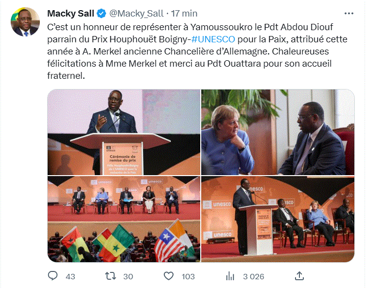 Prix Houphouët Boigny Unesco : Macky Sall représente le parrain Abdou Diouf à Yamoussoukro