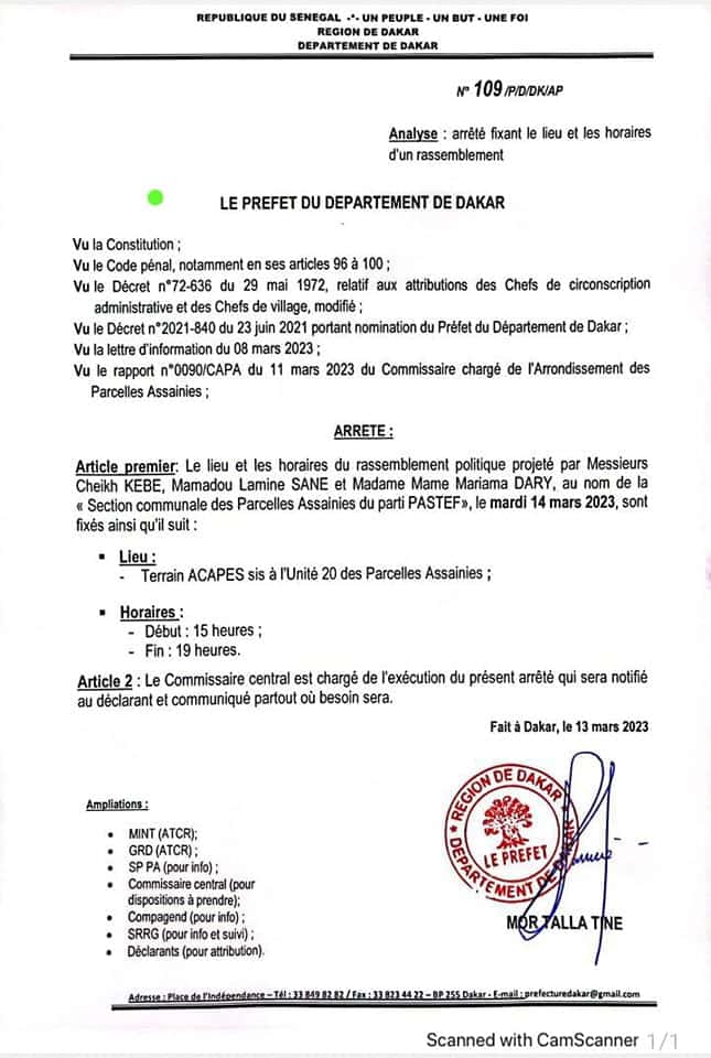Giga meeting de Sonko et Cie : Voici l'arrêté autorisant la manifestation (Document)