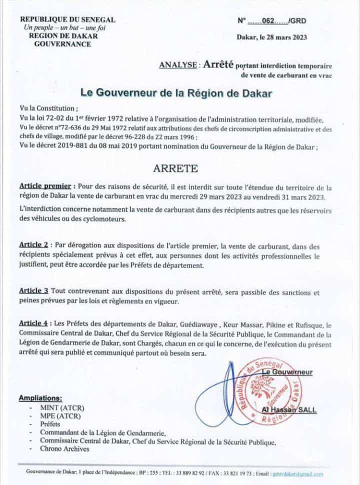 Manif de l'Opposition : Interdiction temporaire de vente de carburant au détail à Dakar (Gouverneur)