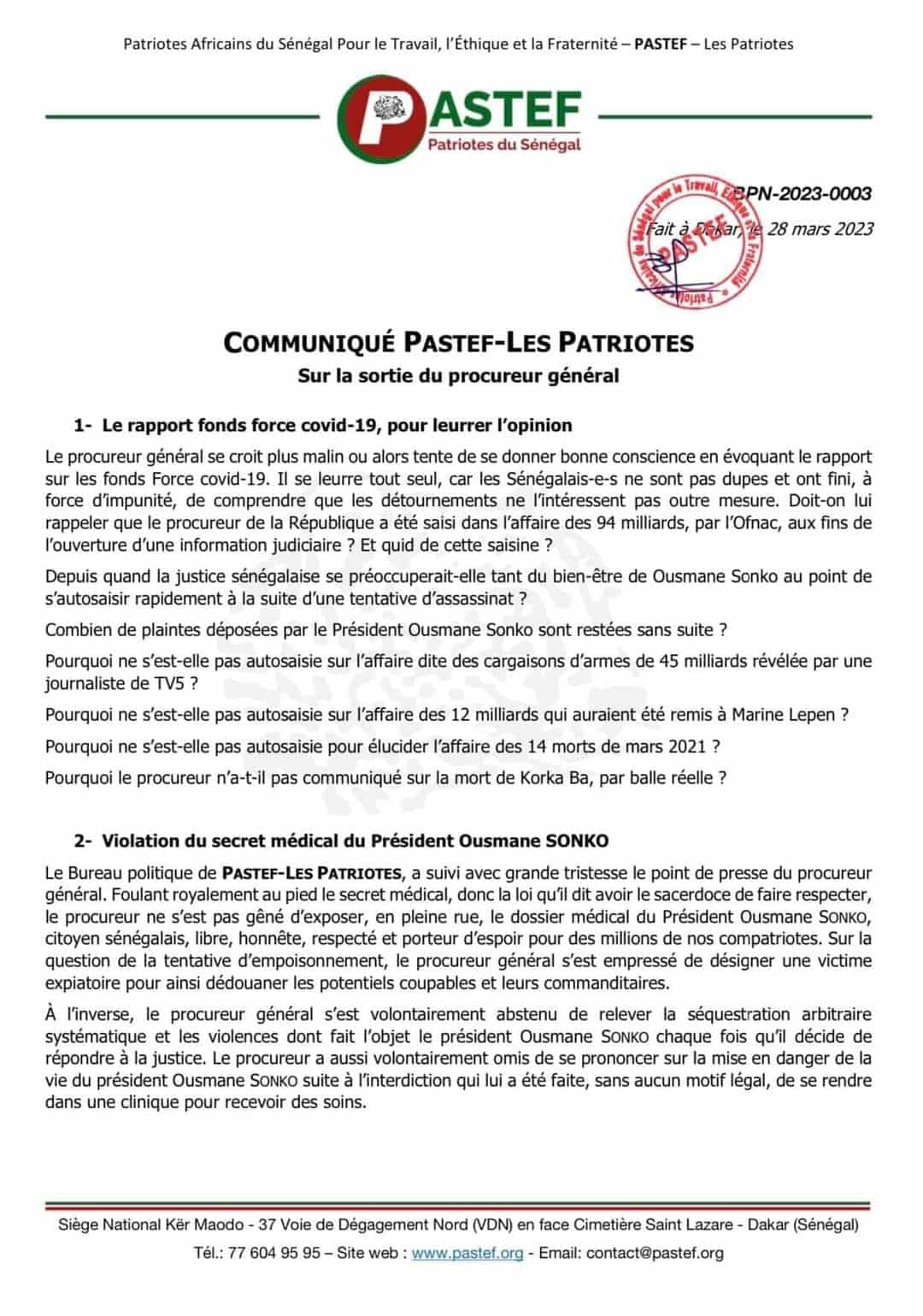 (Documents) URGENT: Déclaration de presse de PASTEF - Les Patriotes
