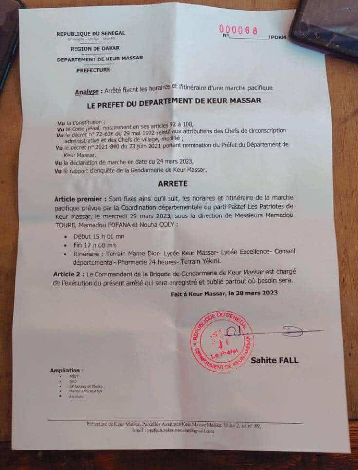 Keur Massar : Le préfet autorise la marche pacifique de l'Opposition