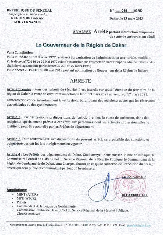 Manif de l'Opposition : Interdiction temporaire de vente de carburant au détail à Dakar (Gouverneur)