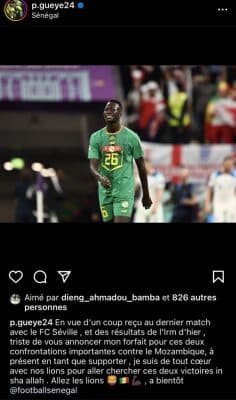 Sénégal vs Mozambique : Pape Gueye annonce son forfait