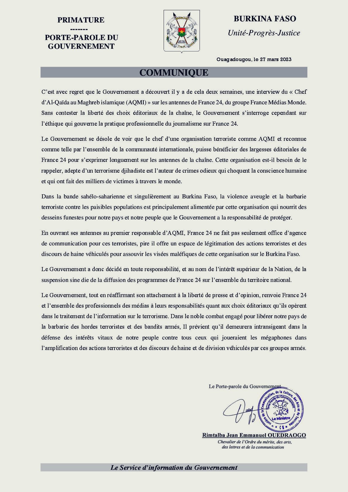 Burkina Faso : La diffusion de France 24 suspendue