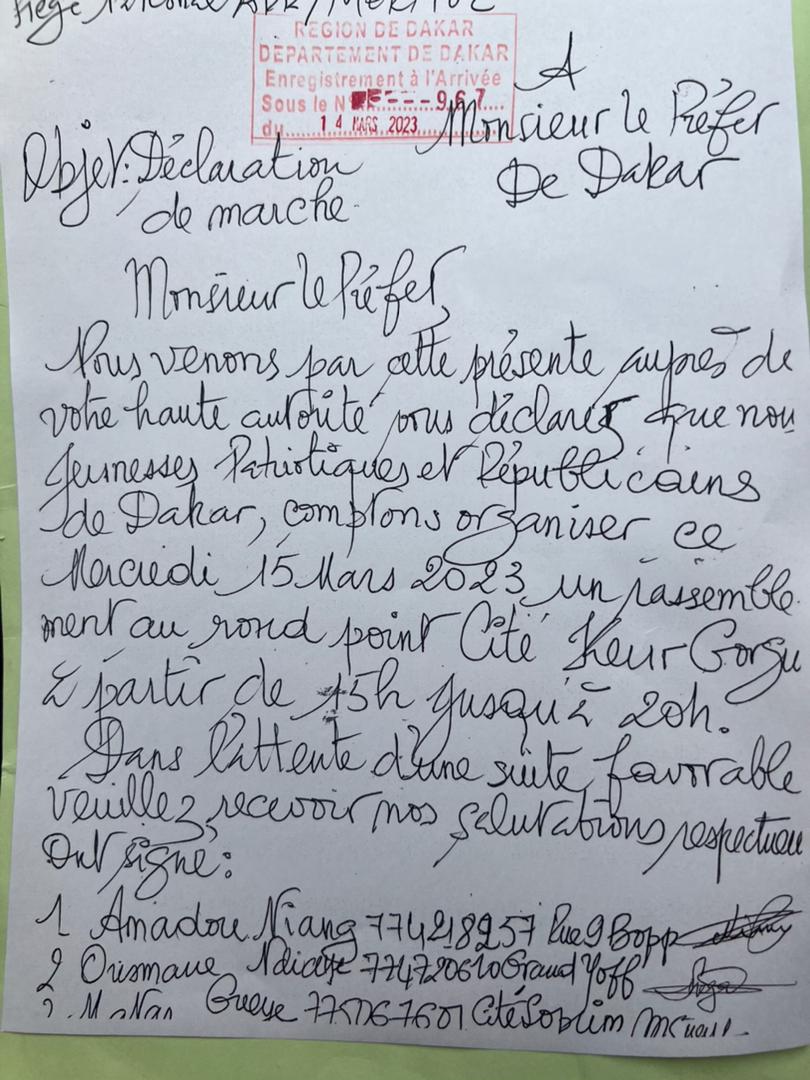 (Document) Rassemblement à la Cité Keur Gorgui: voici la lettre des jeunes de l'APR au Prefet de Dakar
