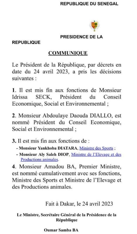 Officiel – Yankhoba Diatara n’est plus le ministre des sports !