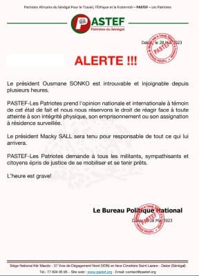 « Sonko introuvable » : PASTEF-Les Patriotes alerte