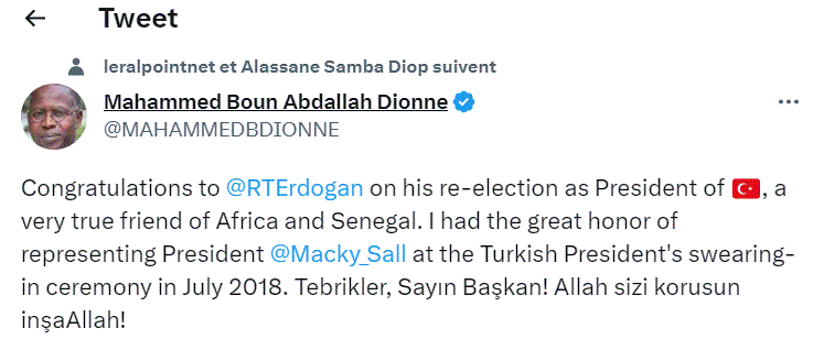 Election en Turquie : Mouhammad B Dionne félicite Erdoğan, "un très vrai ami de l'Afrique et du Sénégal"