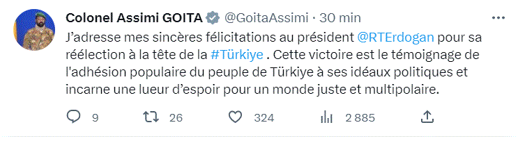 Turquie : Le Colonel Assimi Goïta félicite Recep Tayyip Erdoğan, réélu président de la République