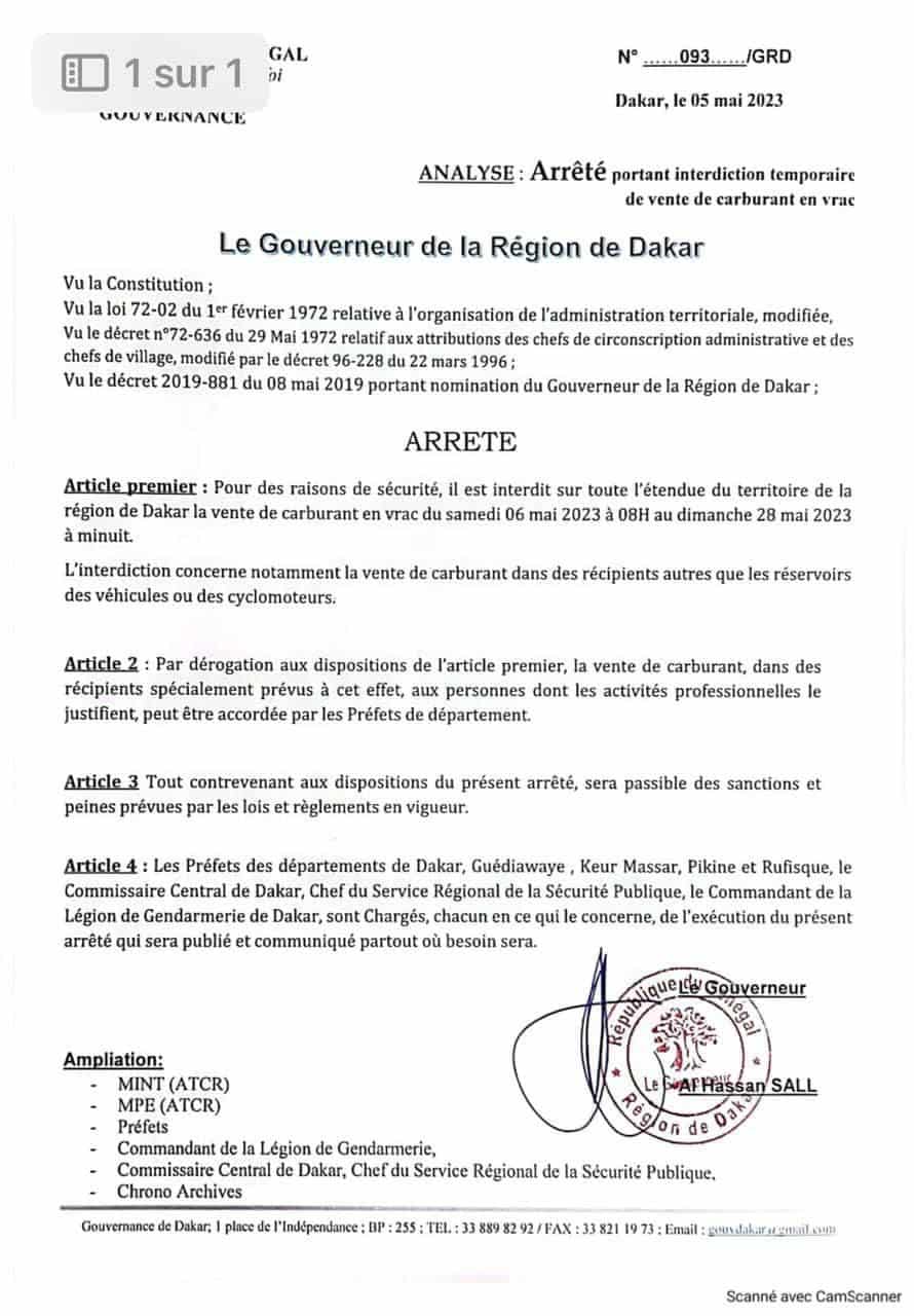 Procès Sonko - Mbaye Mbaye Niang : Interdiction temporaire de vente de carburant au détail à Dakar (Gouverneur)