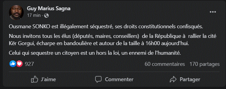 Sonko "séquestré" : Guy M. Sagna appelle députés, maires et conseillers à rallier la cité Kër Gorgui...