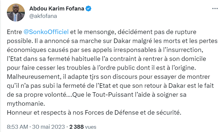 Fin de la caravane - Abdou K Fofana dément Sonko : "Entre lui et mensonge, décidément pas de rupture possible"