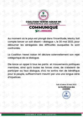 Dialogue national : Yewwi Askan Wi déchire l'invitation de Macky Sall