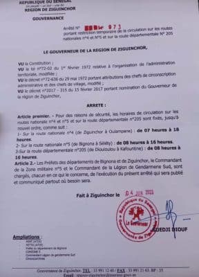 Ziguinchor : Le gouverneur réaménage les horaires de circulation sur les RN 4 et 5